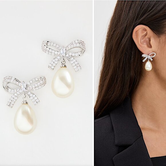 NEW ~ Anthropologie Shashi Pave Bow Pearl Drop Silver Earrings - Picture 1 of 13